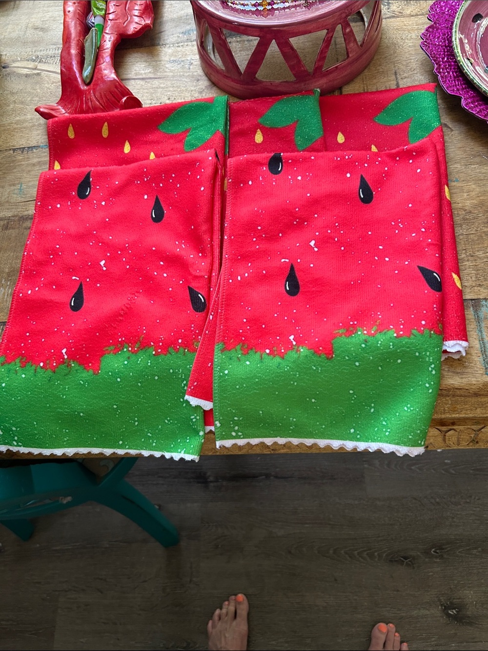 5 Watermelon Print Kitchen Towels - Bright Red & Green Set of 5